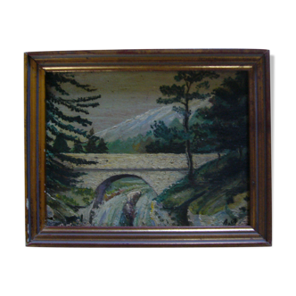 Tableau ancien peint à l'huile sur panneau en bois " petit pont"