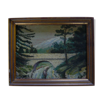 Old painting painted in oil on wooden panel "small bridge"