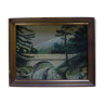 Old painting painted in oil on wooden panel "small bridge"