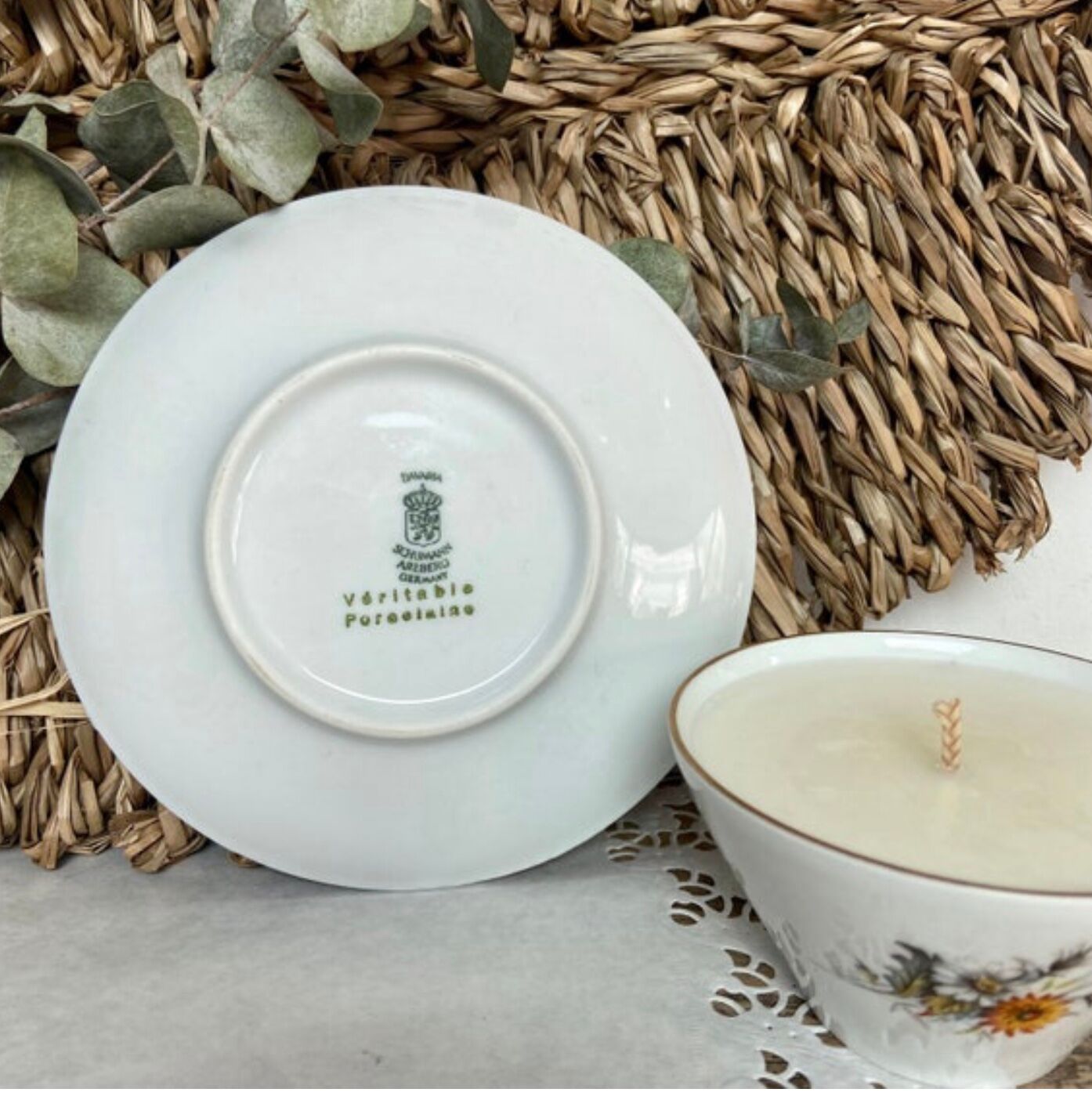 Natural soy wax candle and porcelain cup