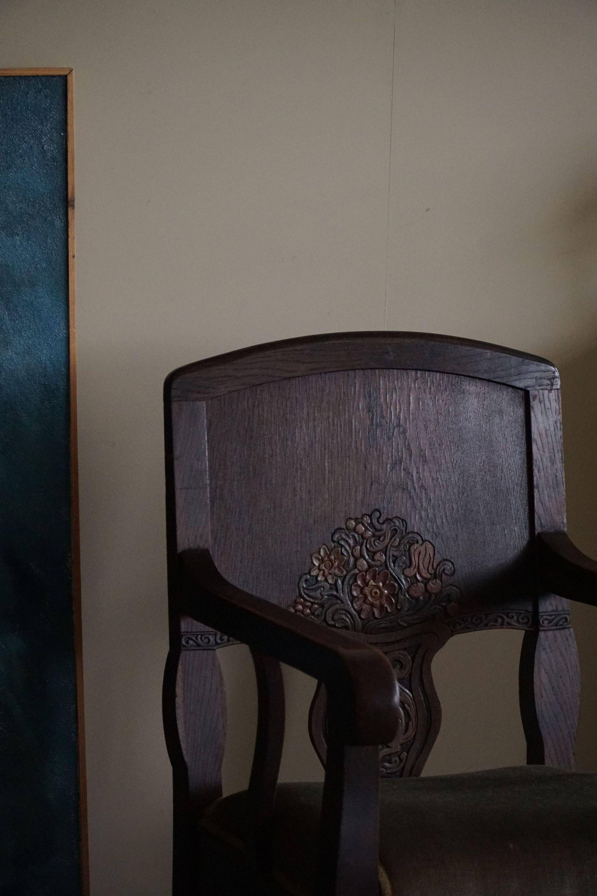 Hand-carved oak and velvet armchair, Danish furniture maker, Art Nouveau, 1939