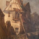 Framed 19th century watercolor representing a view of a fishing port