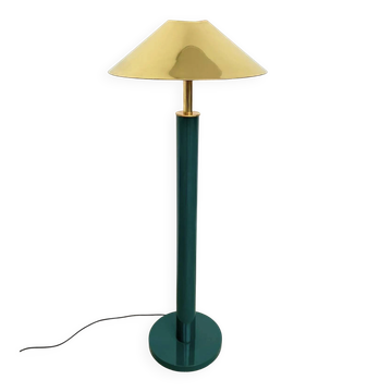 Lampadaire métal laqué vert et abat-jour doré — Forme Coolie — Années 70-80