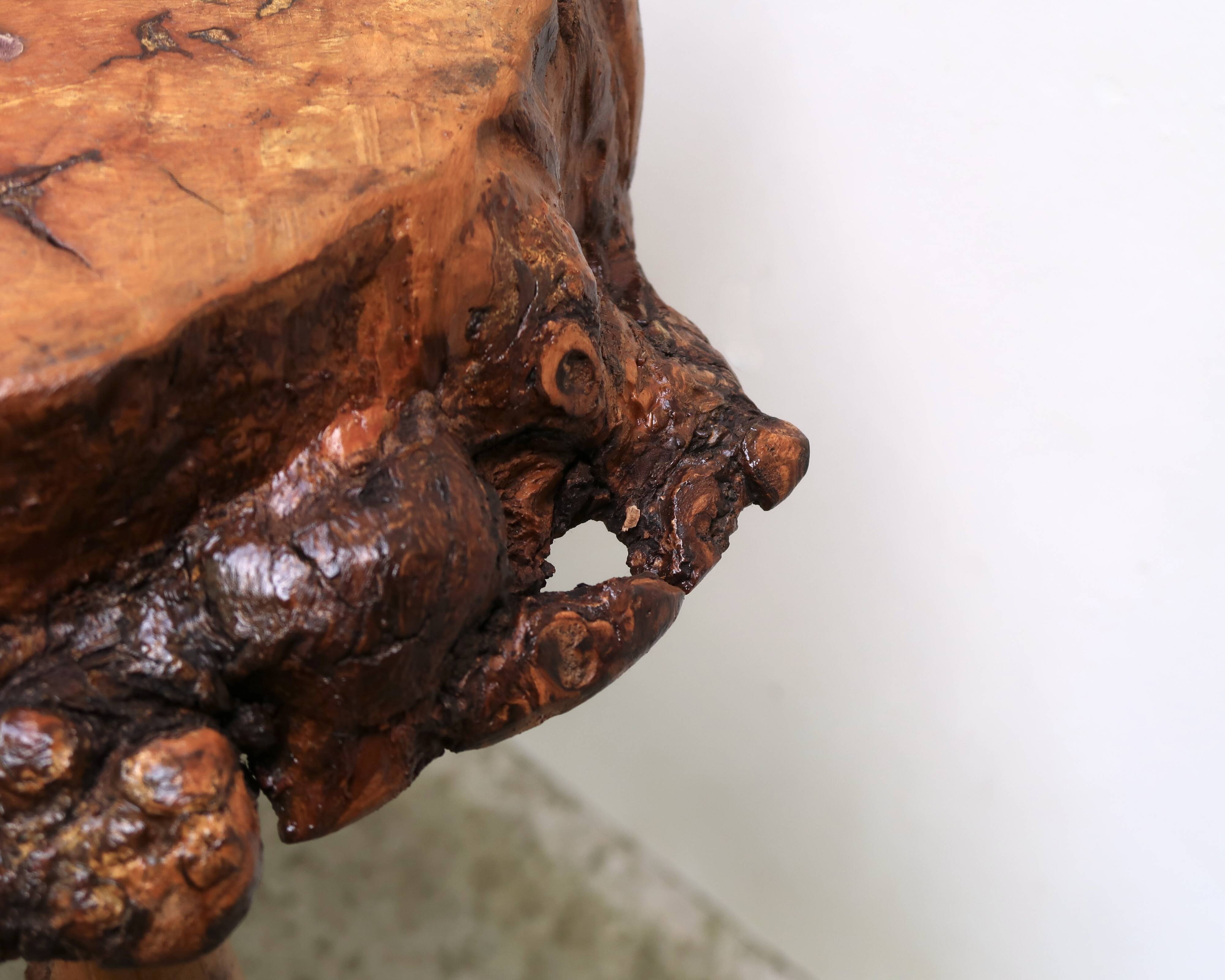 Brutalist tripod wooden side table, 1950s