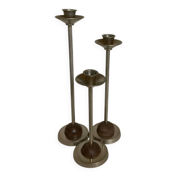 Trio de bougeoirs métal et bois
