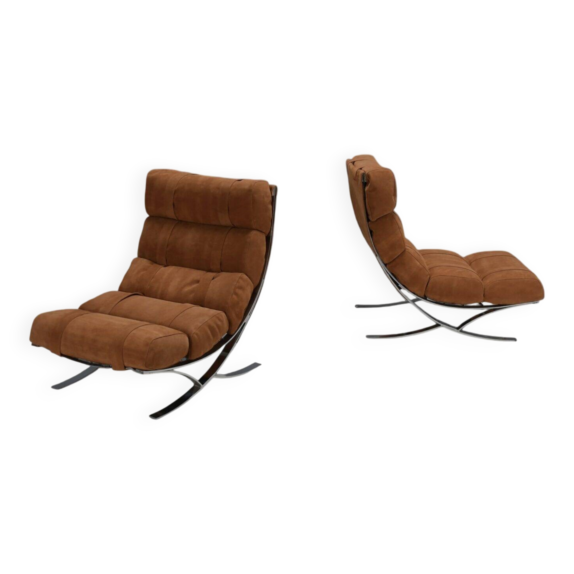 Impressive suede and chrome lounge chairs, France 1970s
