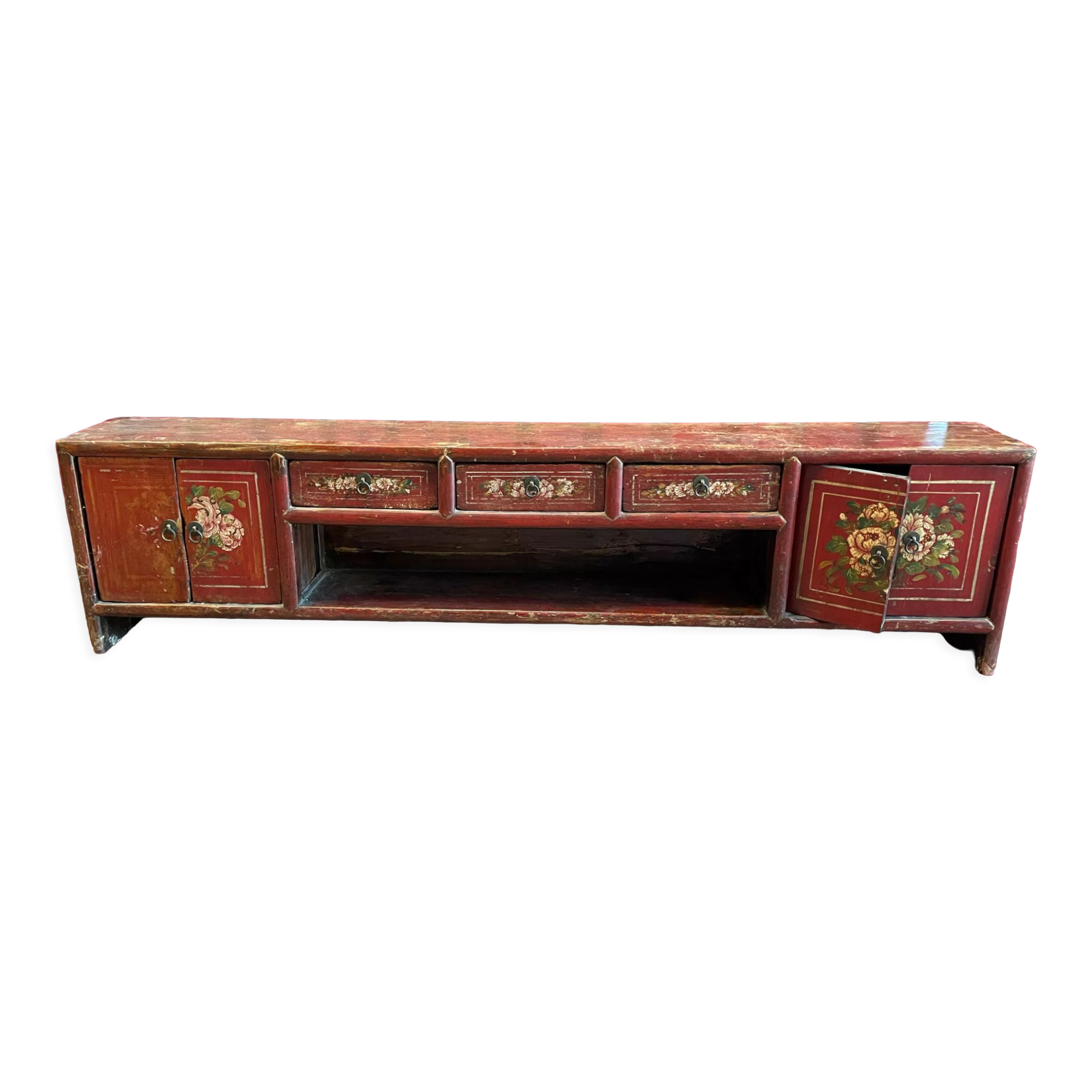 Enfilade, banc en bois laqué rouge à décor floral polychrome, Chine XIXème