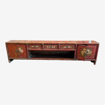 China XIXth Low furniture in a row that can form a bench in red lacquered wood with polychrome floral decoration