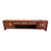 China XIXth Low furniture in a row that can form a bench in red lacquered wood with polychrome floral decoration