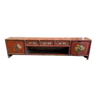 China XIXth Low furniture in a row that can form a bench in red lacquered wood with polychrome floral decoration