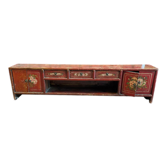 Enfilade, banc en bois laqué rouge à décor floral polychrome, Chine XIXème
