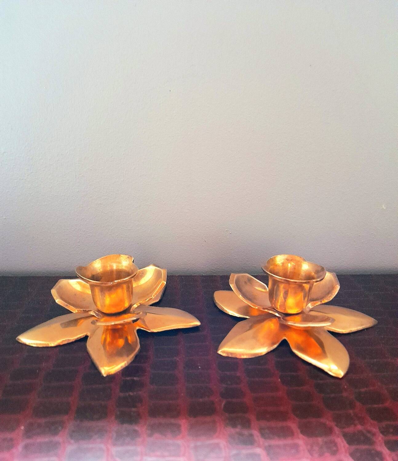 Brass flower candlesticks, 1970.