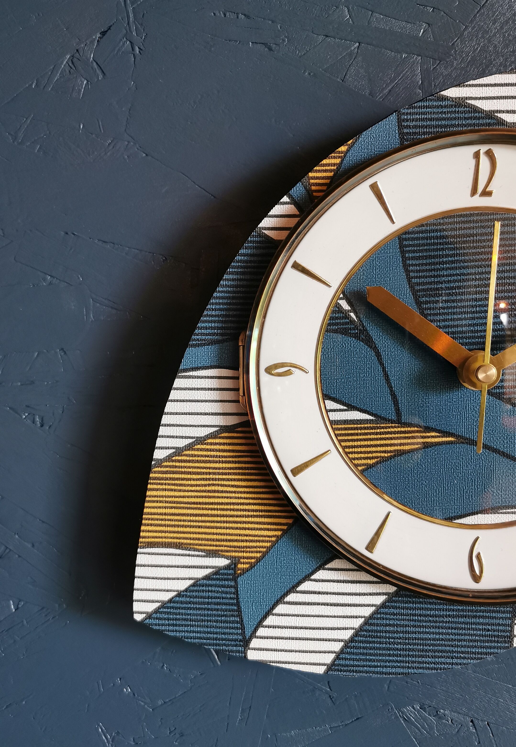 Vintage clock asymmetrical silent wall clock "Blue white ochre"
