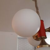 Chandelier 4 lights brass painted metal and opaline circa 1960