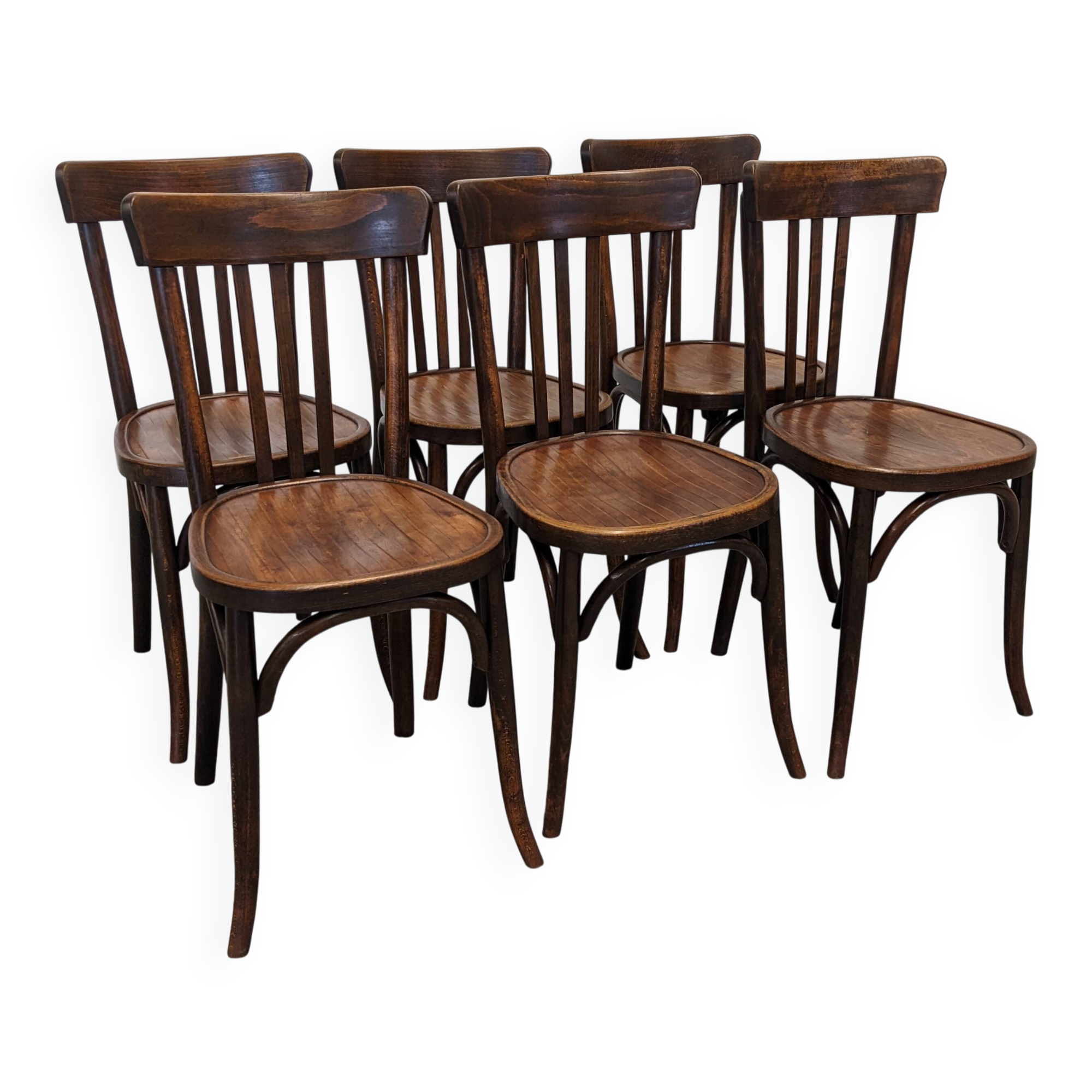 Set of 6 Baumann bistro chairs in bent beech, France circa 1930.
