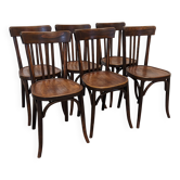 Set of 6 Baumann bistro chairs in bent beech, France circa 1930.