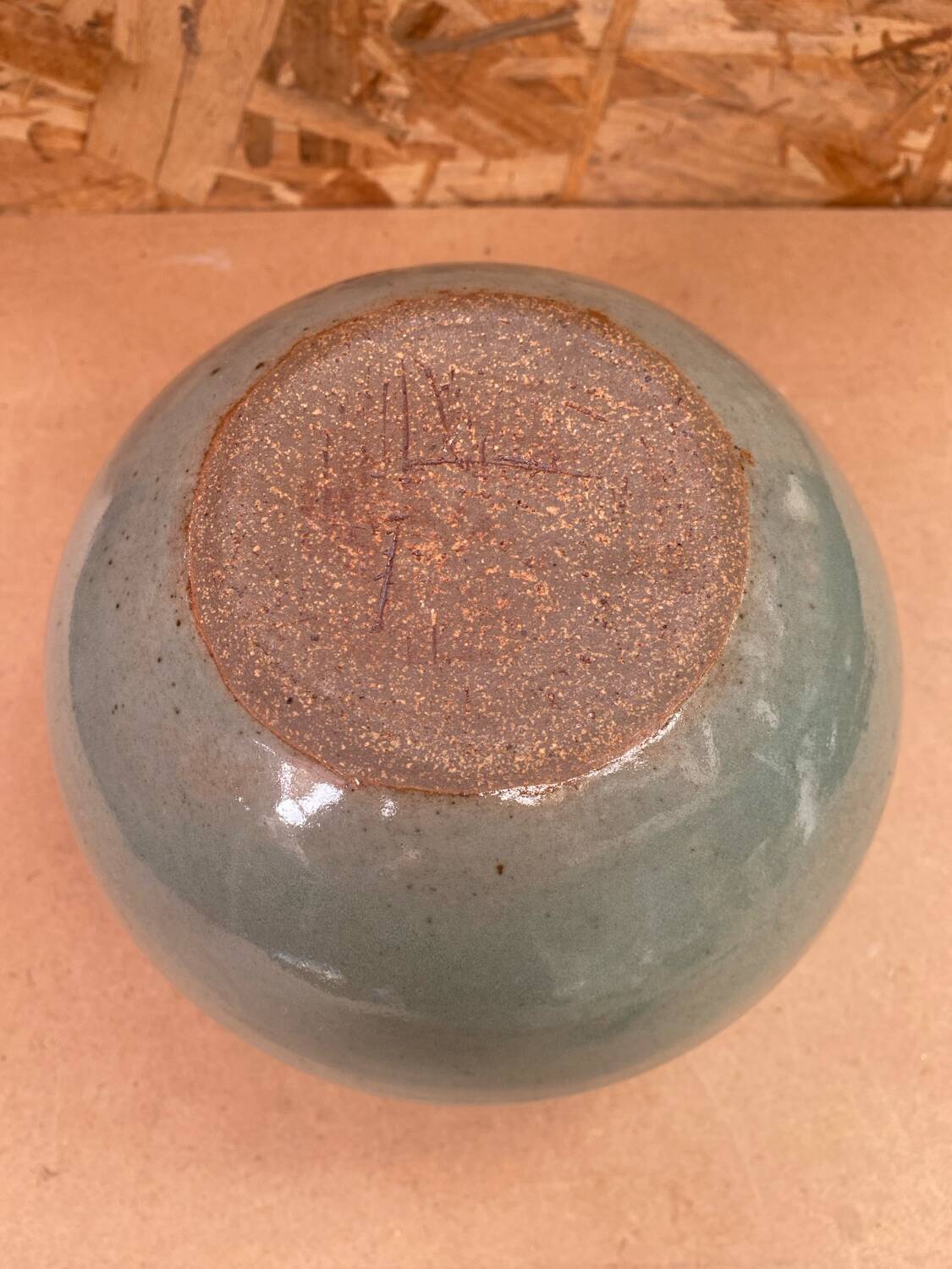 Antique vintage grey beige glazed stoneware ball vase