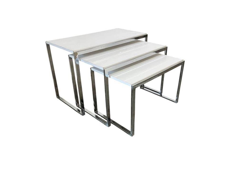 Set of 3 vintage nesting tables / chrome/marble side tables.