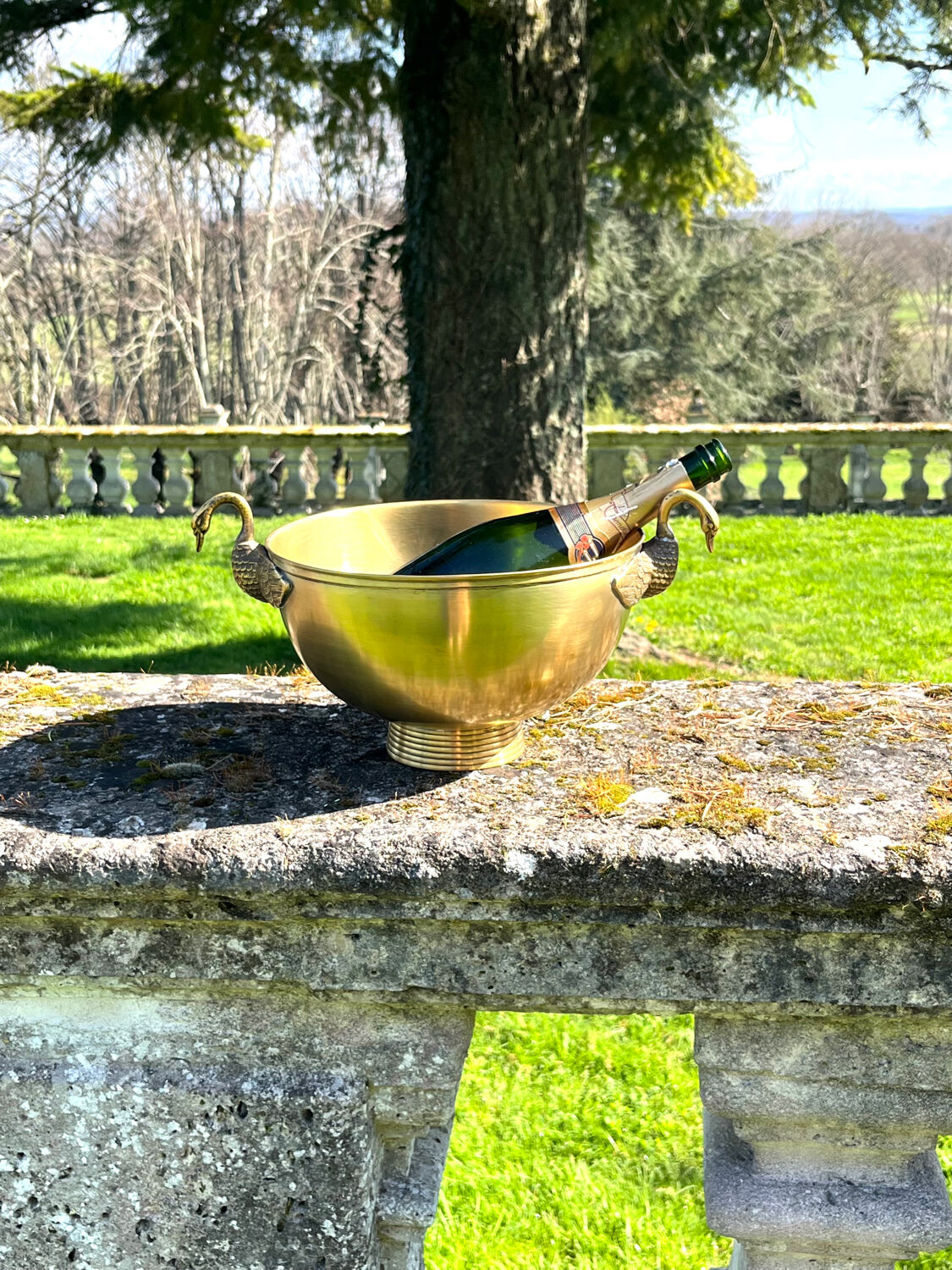 Swan Brass Champagne Cooler – Vintage Solid Sculptural Swan Handles
