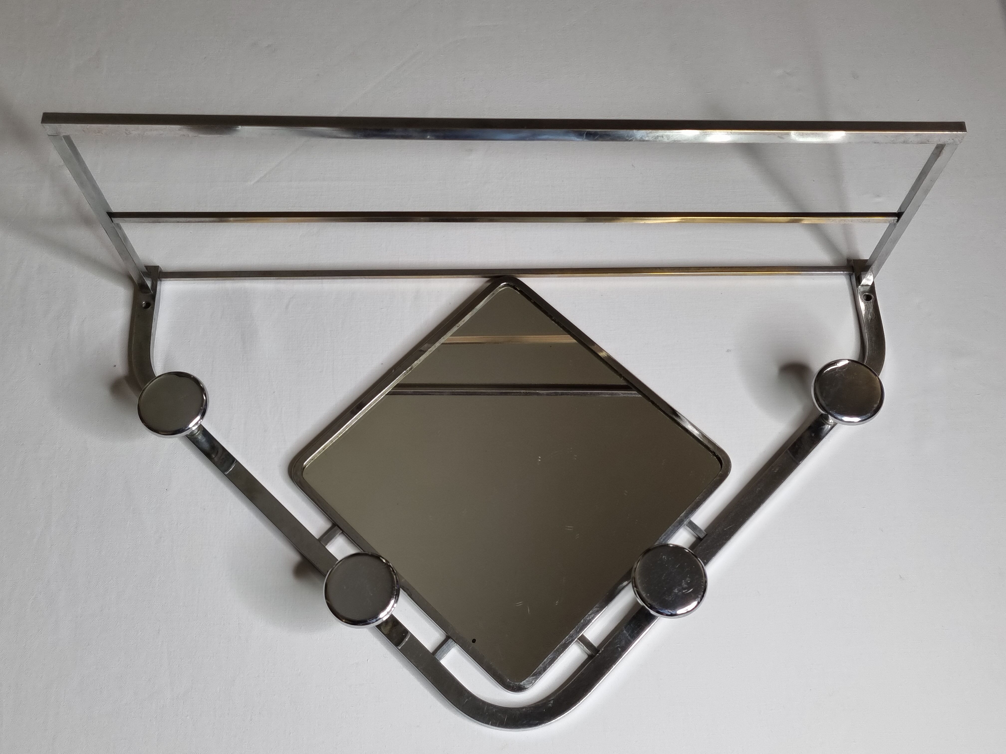 Wall mounted chromed metal coat rack with square mirror, 4 hooks and a hat rack, 50s