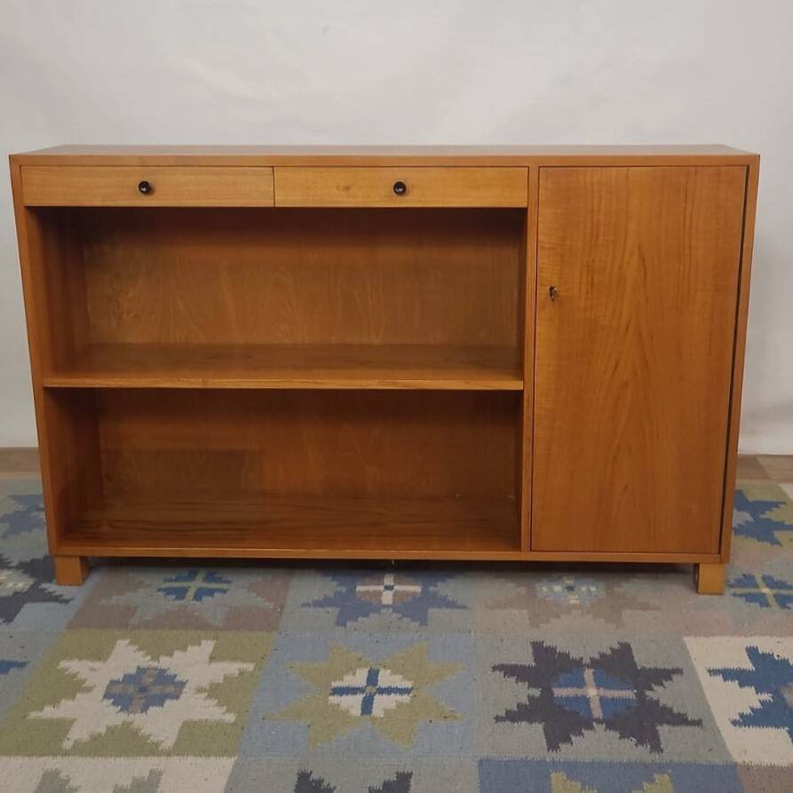 Low Scandinavian bookcase with 2 drawers and a side door – Denmark 1960