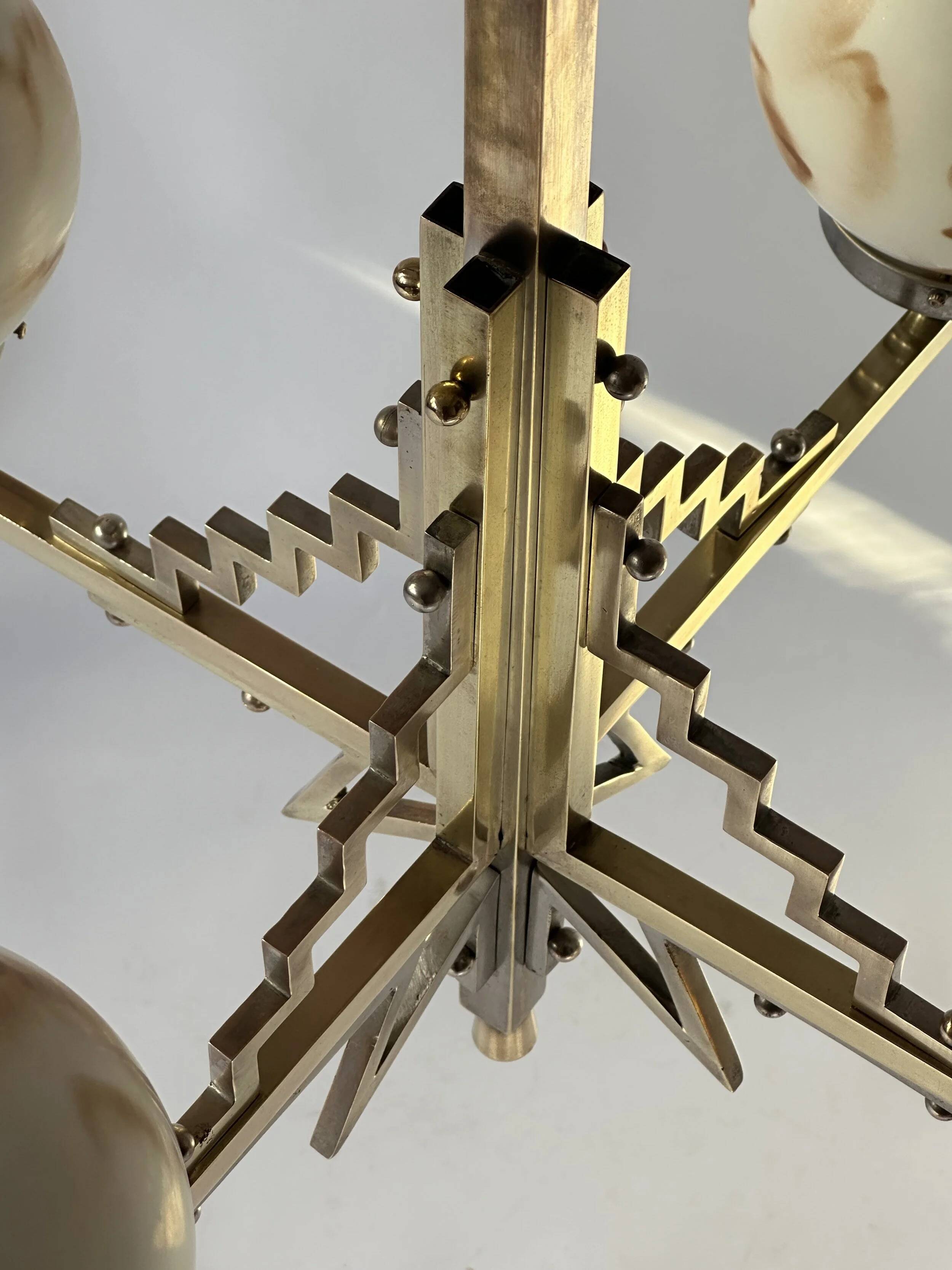 1930's brass and nickel Art Deco chandelier