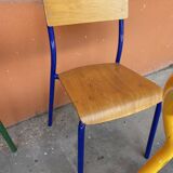 set of 4 mismatched school chairs multi-colored industrial vintage school