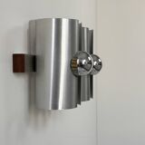 Vintage double wall light in brushed metal and rosewood, France, 1970.