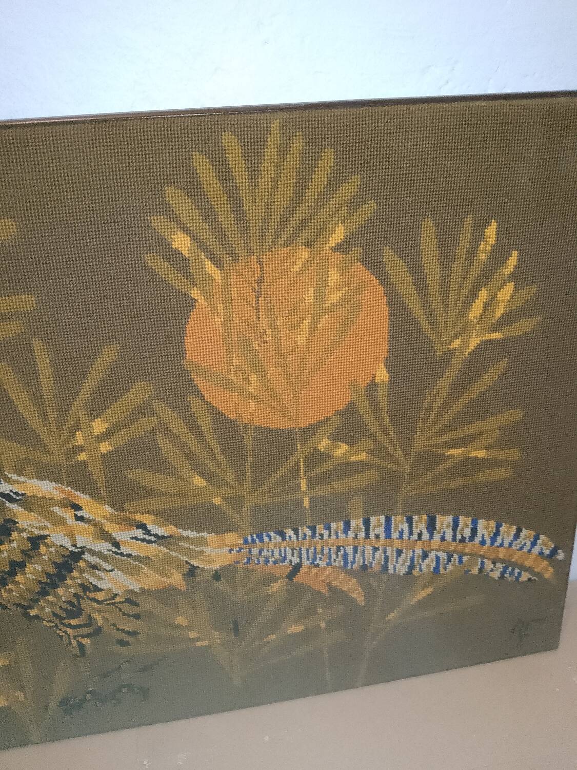 Blue Pheasant Cubist Tapestry Wool Artist René Fumeron Painting France vintage 1970's