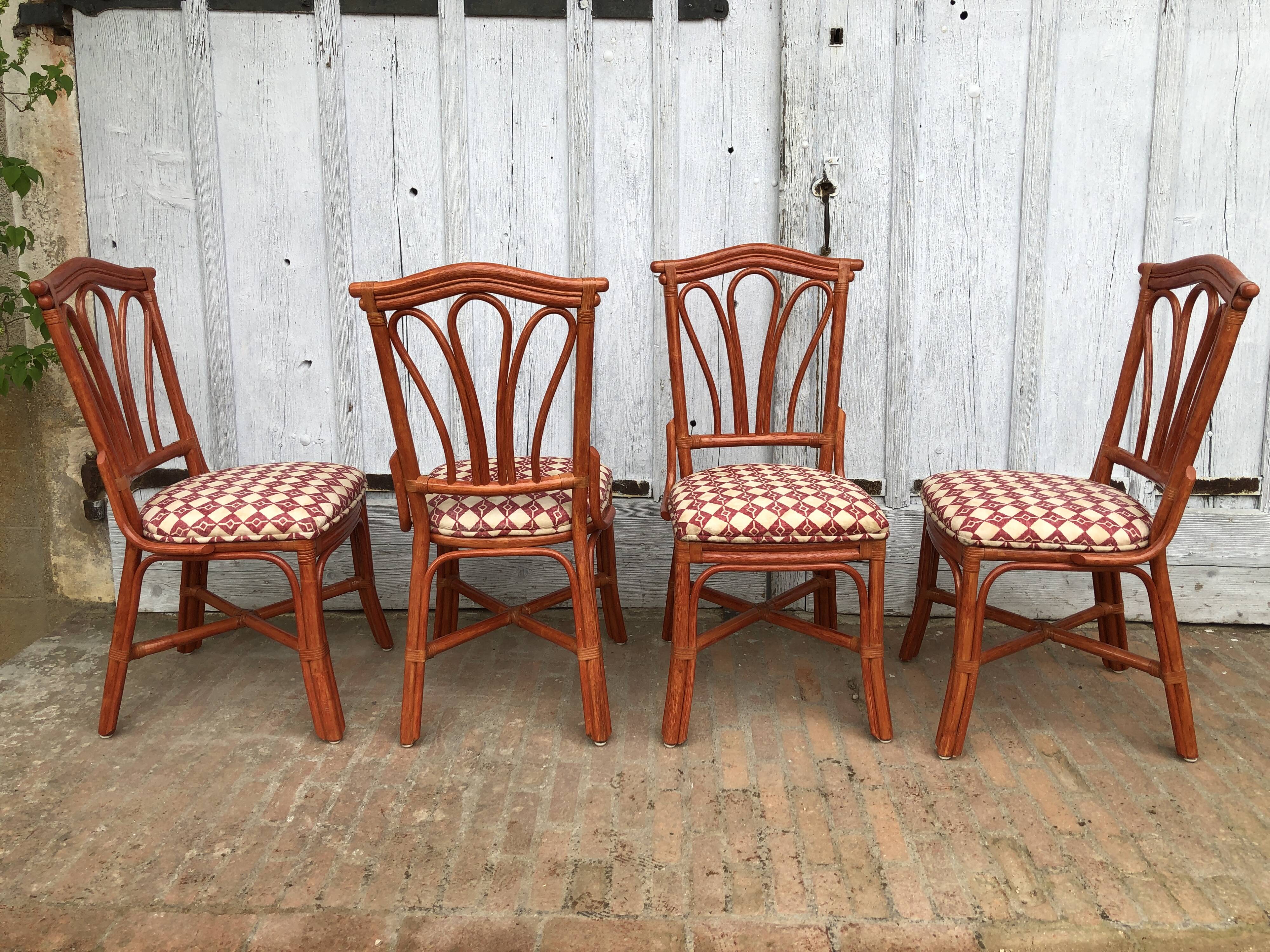 4 chaises bambou et cuir Roche Bobois 1960