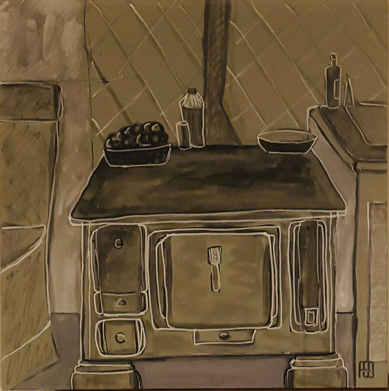 Painting depicting a stove