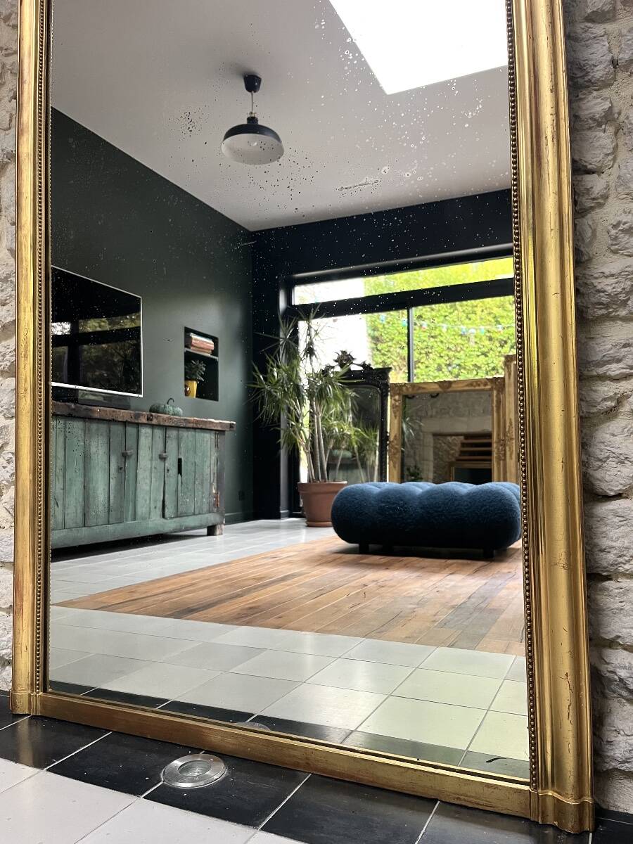 Pearled fireplace mirror 162.5/107.5cm gilded with gold leaf, fireplace trumeau, mirror.