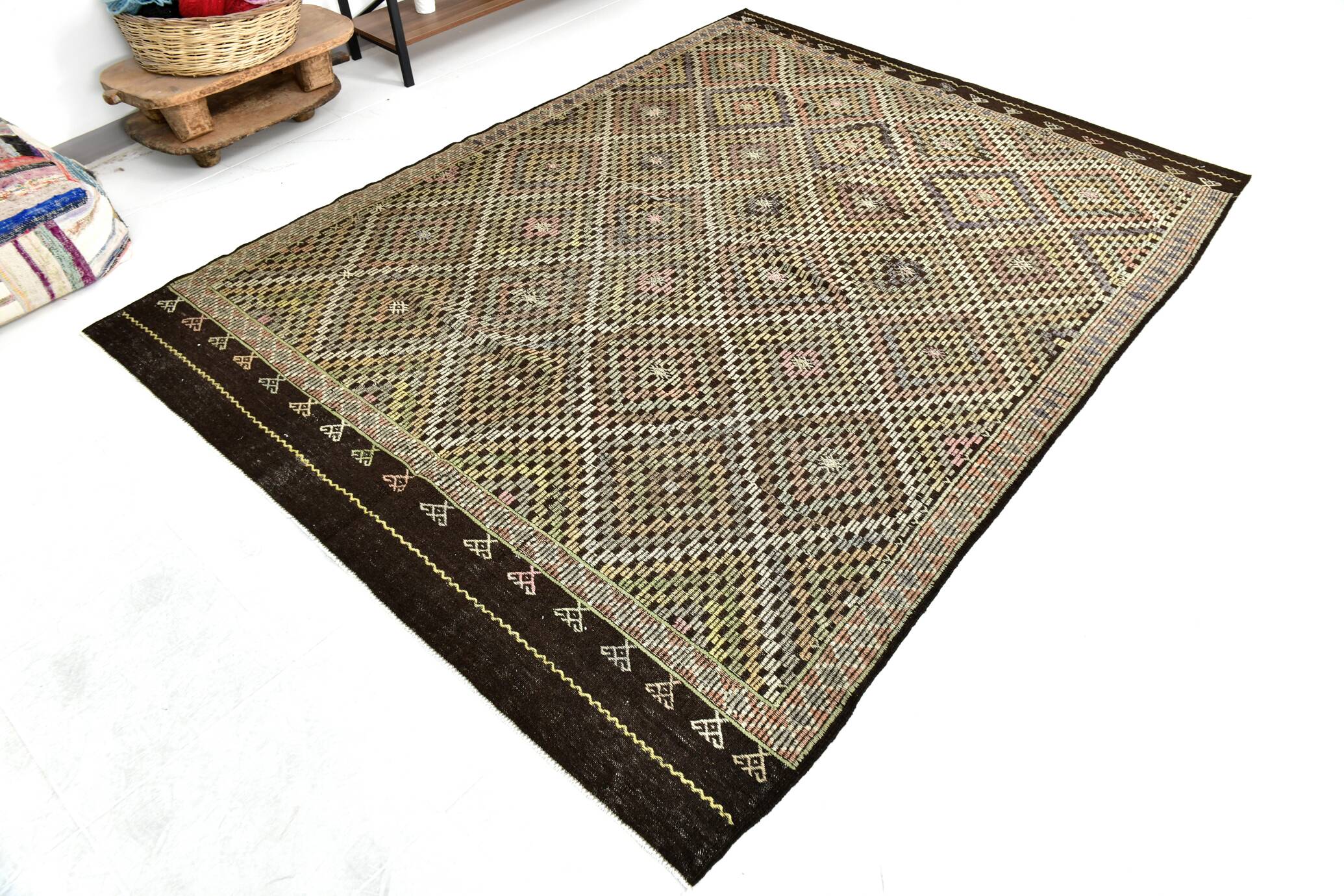 6x9 Yellow Brown Vintage Kilim Rug 199x264Cm