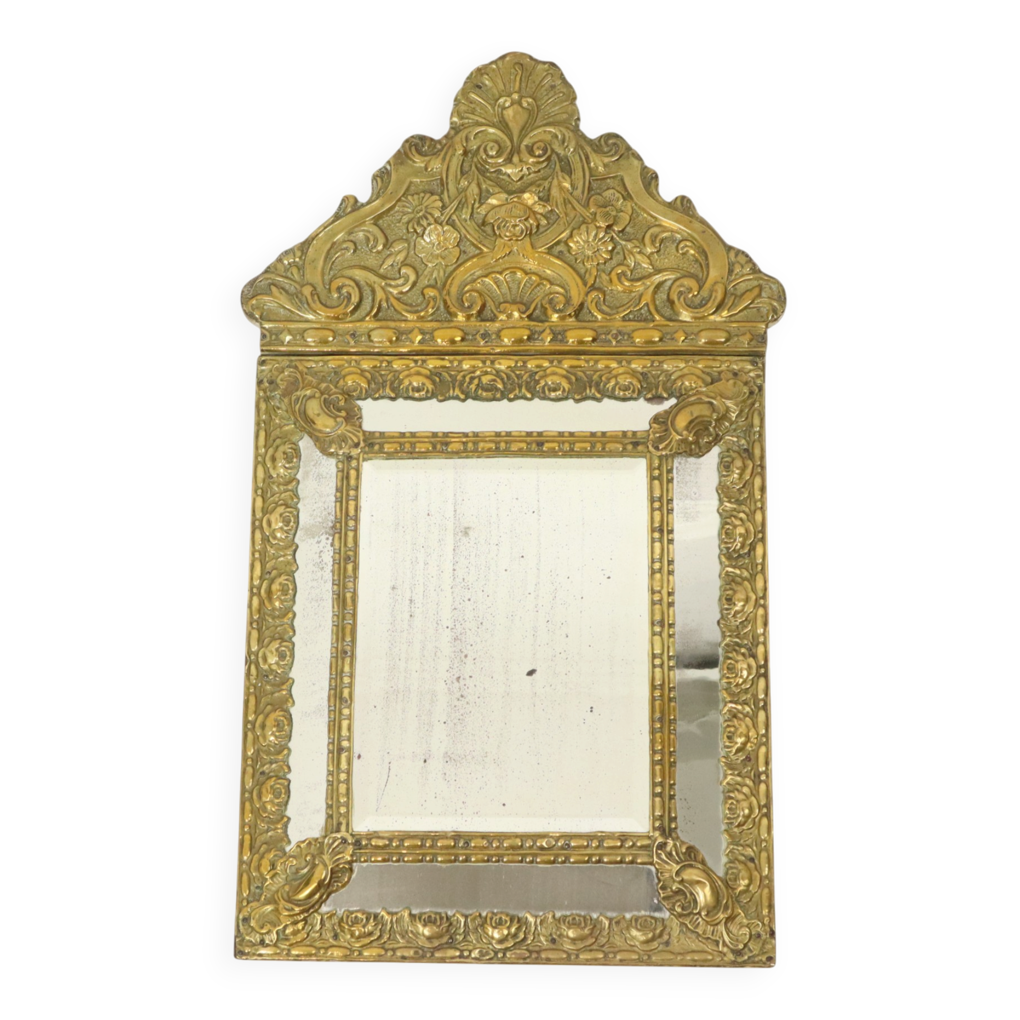 Ancien miroir à coussin repoussé facetté France