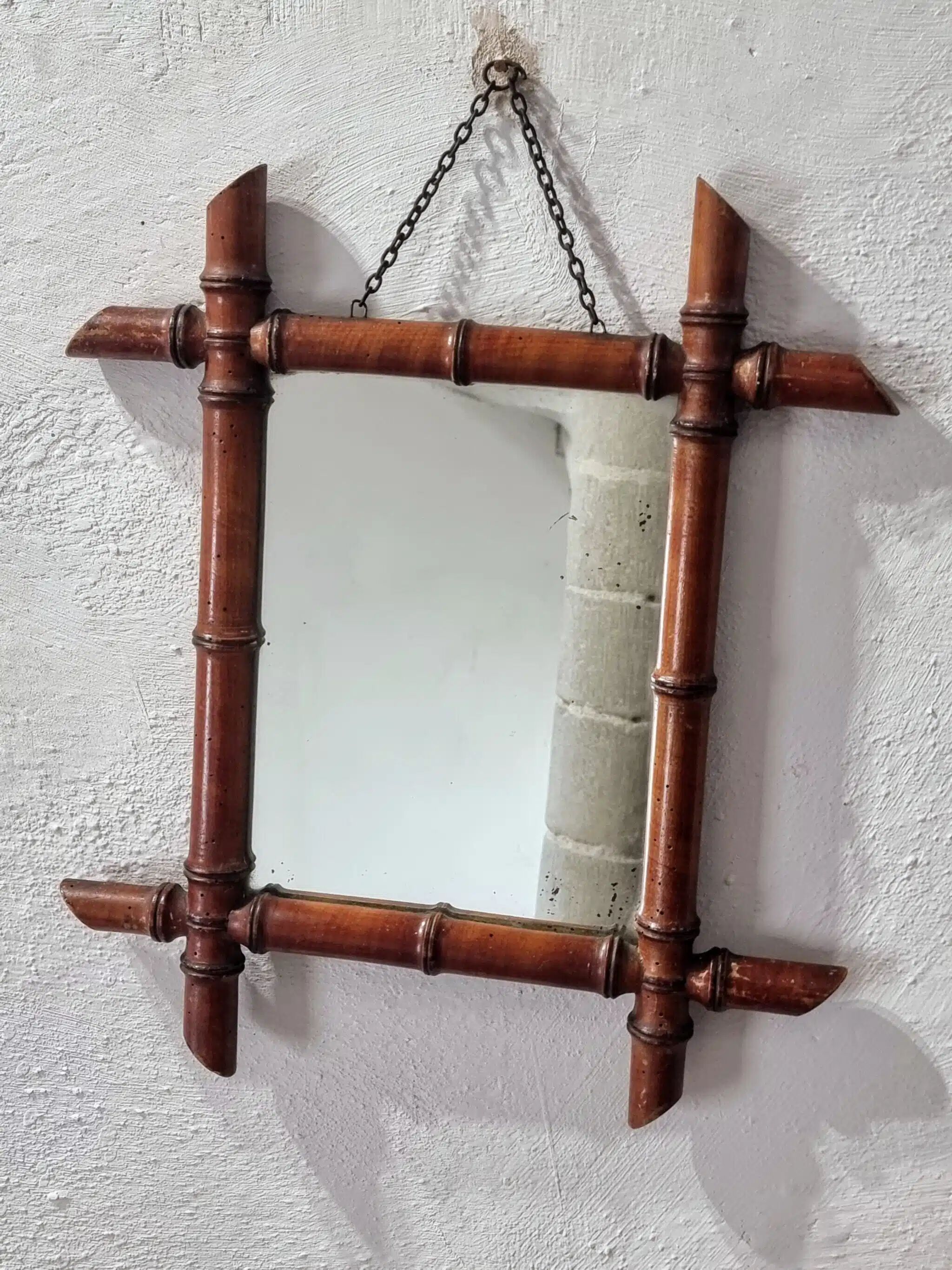 Antique Faux Bamboo Mirror - French Wall Mirror with Chain, 38×44 cm