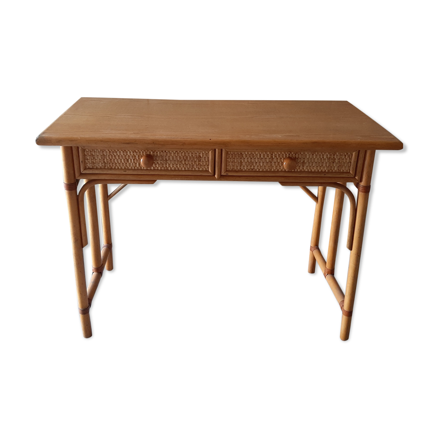 Desk rattan & vintage wood two drawers