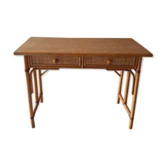 Desk rattan & vintage wood two drawers