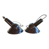 Pair of black enamelled sheet metal pendant lights from the 1950s.