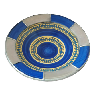 Moroccan dish polychrome faience and silver metal signed