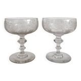 2 antique champagne glasses in engraved glass