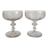 2 antique champagne glasses in engraved glass