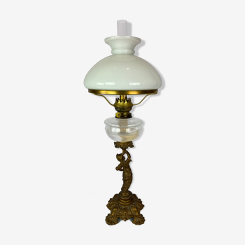 Kerosene lamp of patinated metal and shade of white opaline glass, 1860