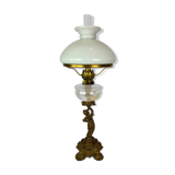 Kerosene lamp of patinated metal and shade of white opaline glass, 1860