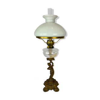 Kerosene lamp of patinated metal and shade of white opaline glass, 1860