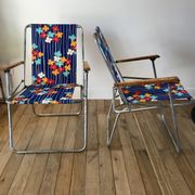 Pair of vintage camping chairs floral and wood fabrics 70s