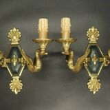 Pair of Empire style swan wall lights from Petitot - bronze & green patina