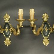 Pair of Empire style wall sconces with swans by Petitot - bronze & green patina