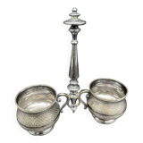 Saleron double, métal argenté, socle rond, prise, décor gravé, décoration de table, chic, poinçon