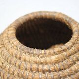 Old basket, burgundy straw and bramble, woven basket, interior decoration