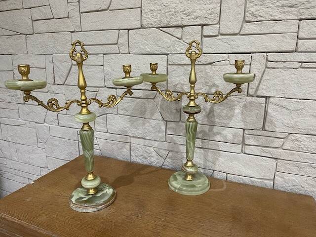 Pair of onyx and brass candlesticks